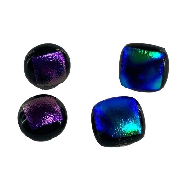 Dichroic Glass Stud Earrings Set Of 2 Pairs Iridescent Blue & Purple For Women - Picture 5 of 5